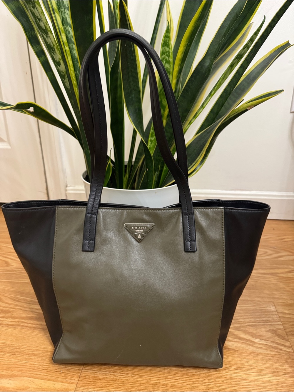 Prada Olive Green and Black Leather Tote